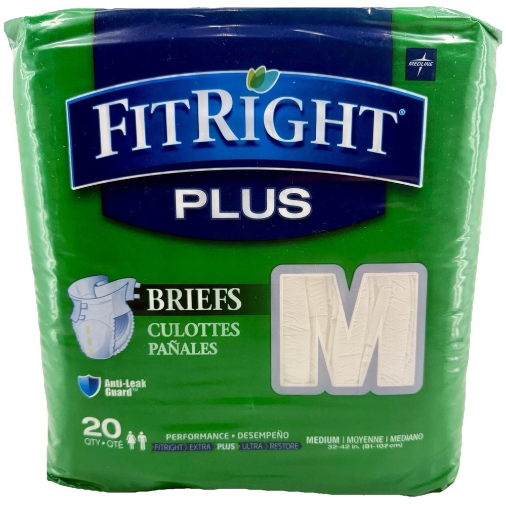 FitRight Plus Adult Briefs Medium 20‎ Count Pack Disposable Anti-Leak Guard NIP